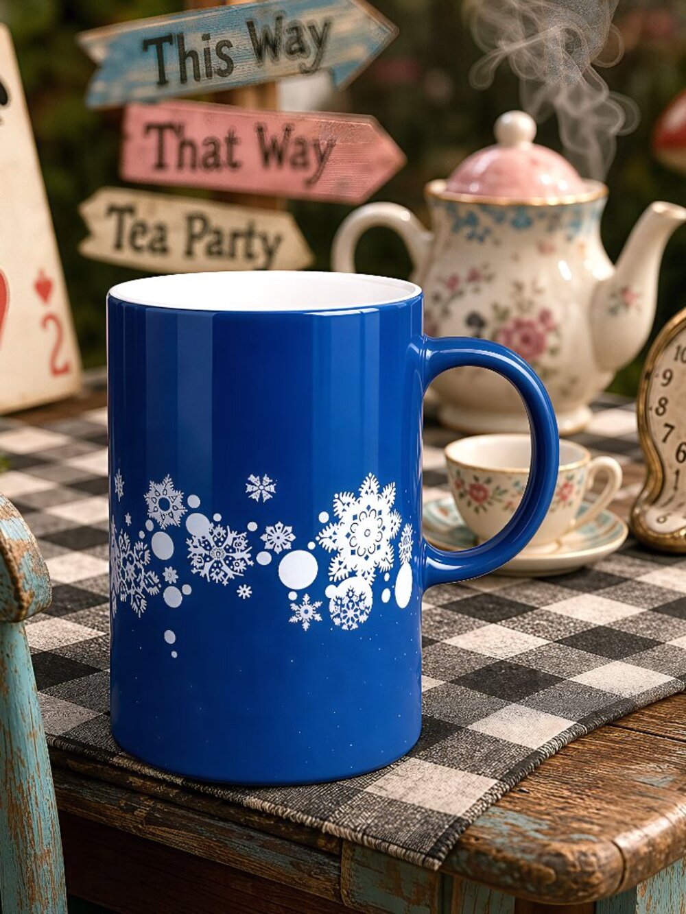 caribou coffee collectible mug, blue snowflake coffee mug, tall ceramic